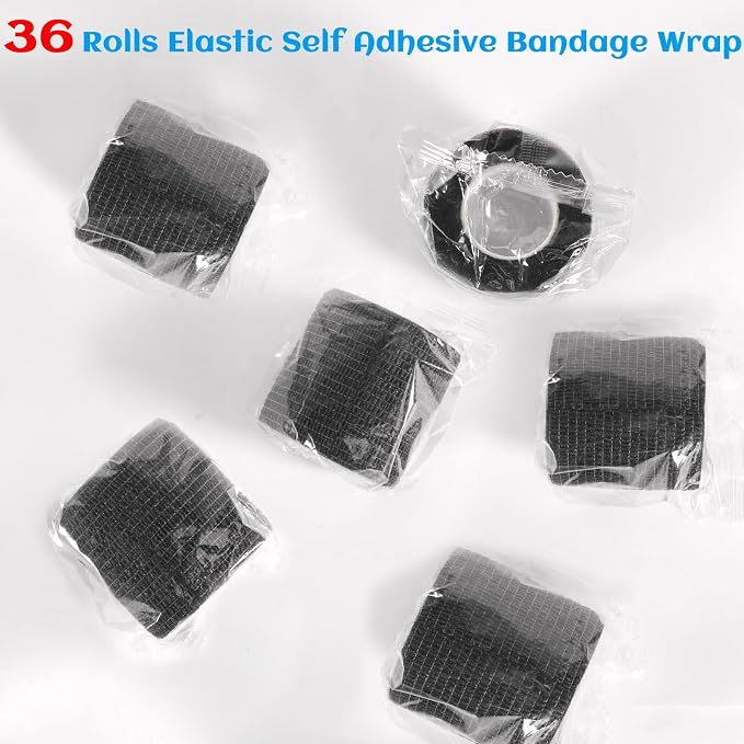 36 Rolls Black Elastic Self Adhesive Bandage Wrap 2 Inch, Breathable Cohesive Bandage, Ankle Sprains Swelling Sports Athletic Grip Tape, Dogs Pet Vet Wrap