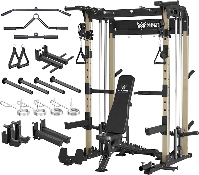 MAJOR FITNESS F22 Power Rack, 1600lbs All-in-One Squat Rack with Dual Pulley System, Heavy-Duty Steel Frame, Attachments & Storage for Home Gym Strength Training