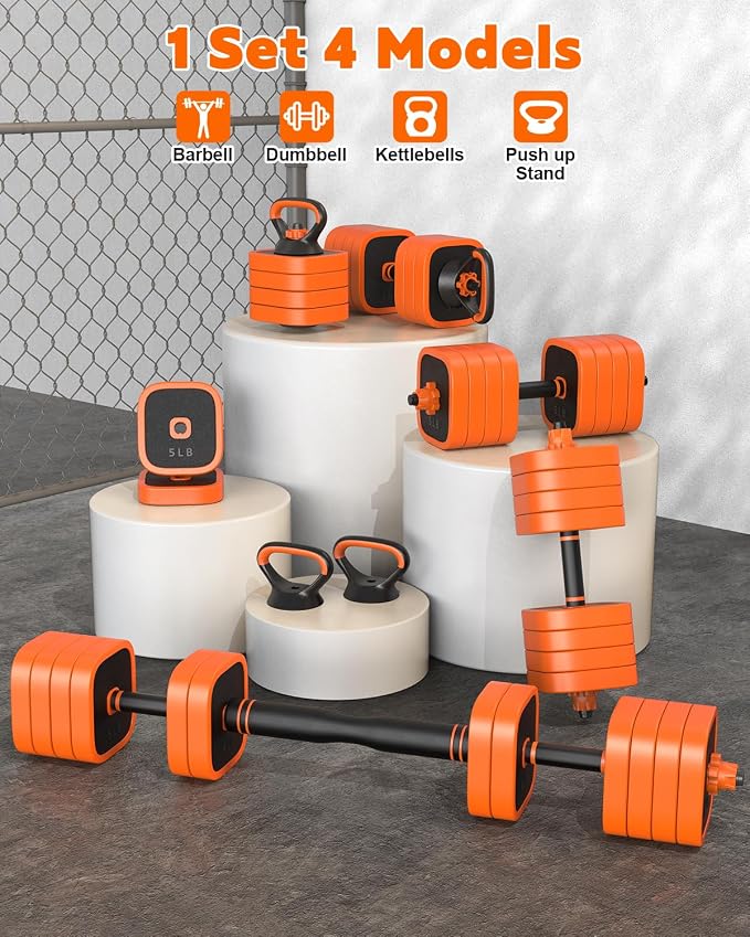 Rendpas 4-in-1 Adjustable Dumbbell Set with Foldable Bench for Home Gym | 800LB Capacity, 10 Angles Incline, Convert to Barbell, Kettlebell, Push-Up Stand