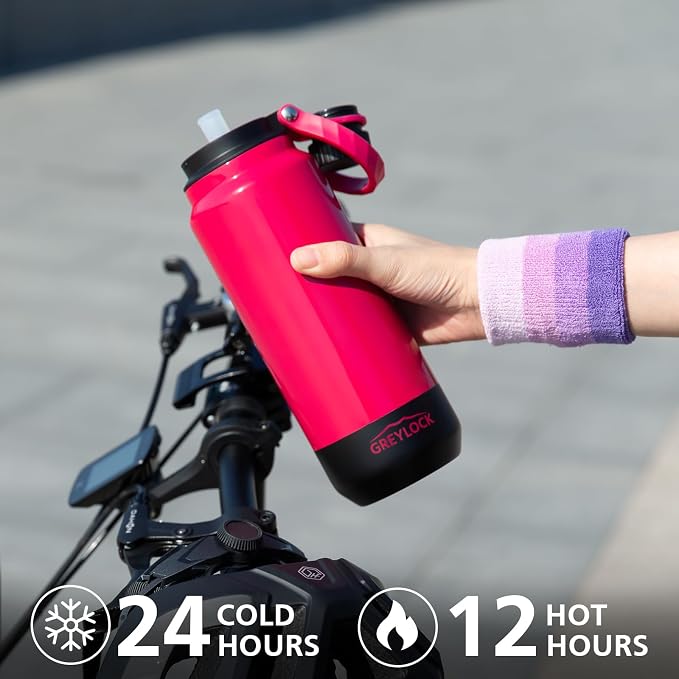 GREYLOCK 32 oz Insulated Water Bottle with Straw Lid, Leakproof Reusable Stainless Steel Vacuum Flask, 24hr Cold & Hot, Carry Handle & Silicone Spout, BPA-Free for Gym, Hiking, Travel, Red