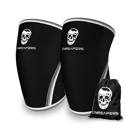 Gymreapers Knee Sleeves (1 Pair) with Gym Bag - IPF Approved - Support Compression Brace for Squats, Fitness, Weightlifting, Cross Training, Powerlifting - 7MM Neoprene Sleeves - For Men & Women (Black/White, Large)
