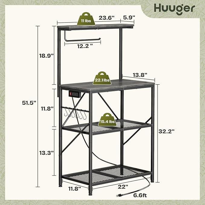 Huuger 4-Tier Bakers Rack with Reversible Power Outlet, 23.6 Inch Microwave Stand, Kitchen Coffee Bar, with Top Shelf, 6 S Hooks, Grey