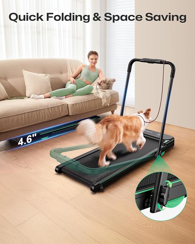 UREVO Strol 2E Smart 2-in-1 Folding Treadmill, Compact Walking Pad with Safety Handle, Plug and Play, Standing Desk Treadmill with Dual LED Display, Smart APP, Walking or Running for Home