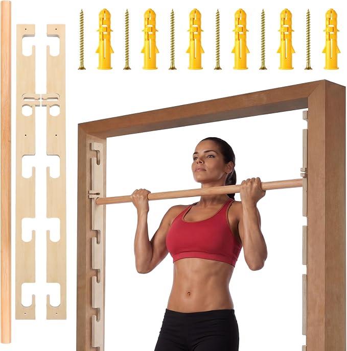 Leinuosen Doorway Pull-up Bar Sets Adjustable 5 Levels Wooden Doorway Pull-up Bar and 2 Door Frame with 6 Sets of Screw-in Heavy-duty Door-mounts to Fits 118cm