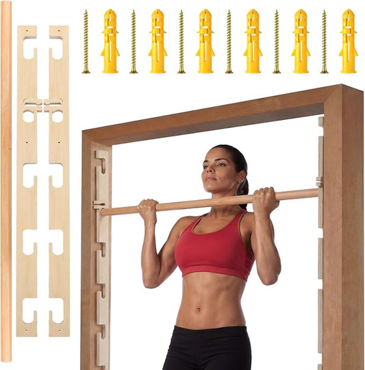 Leinuosen Doorway Pull-up Bar Sets Adjustable 5 Levels Wooden Doorway Pull-up Bar and 2 Door Frame with 6 Sets of Screw-in Heavy-duty Door-mounts to Fits 118cm