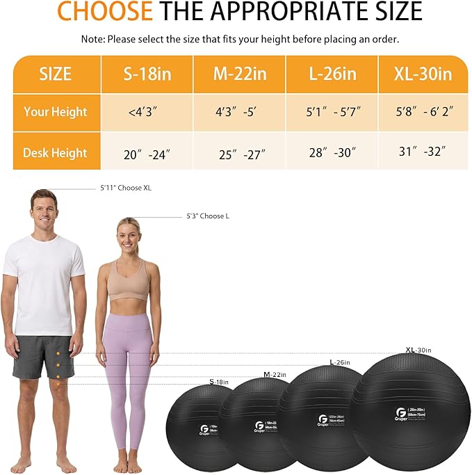 Gruper Yoga Ball, Extra Thick Non Slip Exercise Ball for Workout, Yoga, Pregnancy, 4 Sizes Anti Burst Chair for Home and Office, Includes Foot Pump & Fitness Guide