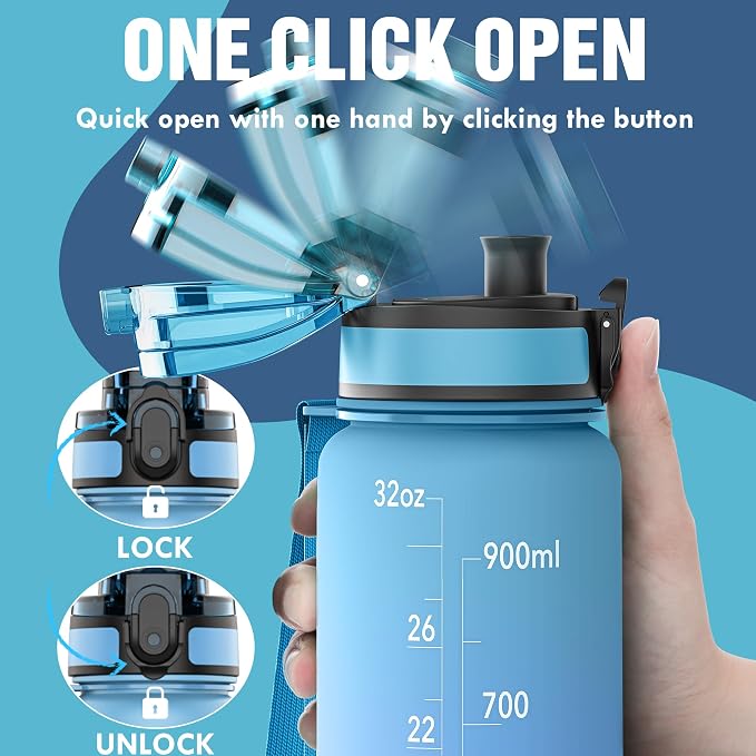 OLDLEY Water Bottle, 32oz Motivational Sports Water Bottle with Time Marker - Times to Drink - Tritan, BPA Free, Wide Mouth Leakproof,Sky