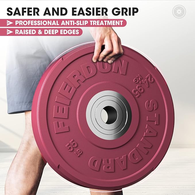 FEIERDUN Color Bumper Plate Set, 2-Inch Olympic Weight Plates, Low Bounce Rubber Barbell Plates with Stainless Steel Insert for Weightlifting, Strength Training, CrossFit & Home Gym, 10LB-370LB