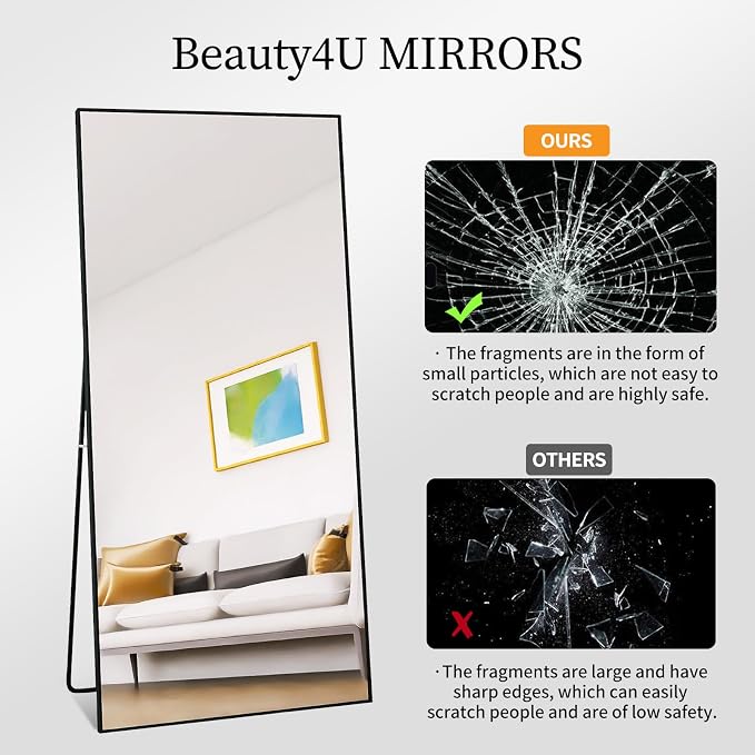 Beauty4U 71" x 32" Full Length Mirror with Stand, Black Large Floor Mirror | Standing, Leaning, or Wall-Mounted Tempered Glass Full Body Mirror with Metal Frame for Bedroom, Closet, Modern Home Decor
