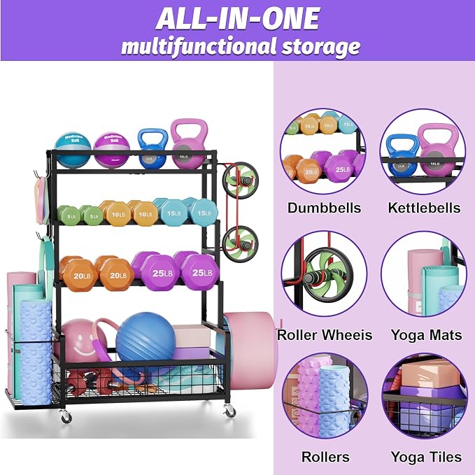 Dumbbell Rack for Home Gym, 490 lbs Weight Storage Rack with Wheels & Hooks | Heavy-Duty 490 lbs Weight Capacity,Easy Mobility with Locking Wheels,All-in-One Fitness Equipment Storage