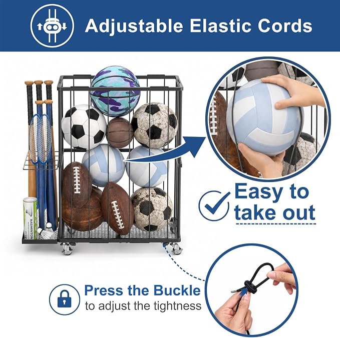 Garage Ball Storage Rack with Wheels, Metal Sports Ball Holder | Basketball Soccer Volleyball Holder with Adjustable Elastic Cords, Ball Organizer Space Saving Rack for Basement Gym Outdoor
