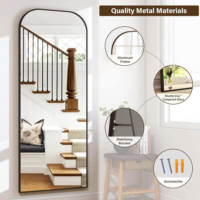 XRAMFY Full Length Mirror, 71"x28" Floor Mirror Freestanding, Arched Floor Standing Large Mirror Full Body Mirrors with Stand for Bedroom, Hanging Mounted Mirrors for Living Room,Black