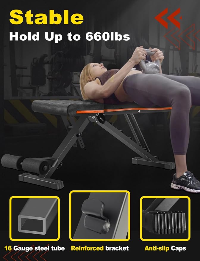 LINODI Adjustable Weight Bench for Home Gym & Full Body Workout | Foldable Incline Decline Flat Workout Bench for Full Body Strength Training, Dumbbell Press & Ab Exercises