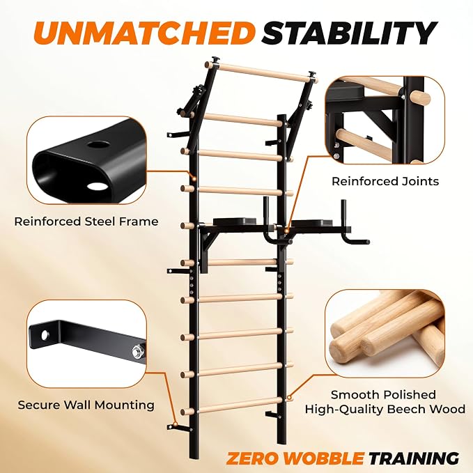 LIFERUN Swedish Ladder Wall Gym with Adjustable Pull-Up & Dip Bar | 92" Solid Beechwood, 264Lbs Capacity, Wall Mounted 9 Anchor Rods, Ideal for Home, School, Therapy & Gymnastics Training