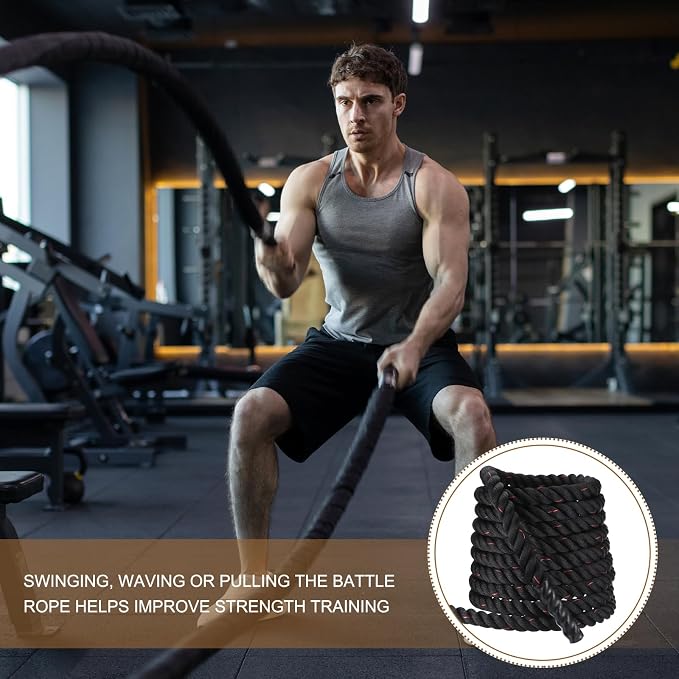 MECCANIXITY Battle Rope 20ft x 2 Inch Polyester Workout Rope Heavy Fitness Exercise Rope for Strength Training Home Gym Muscle Building, Black Red