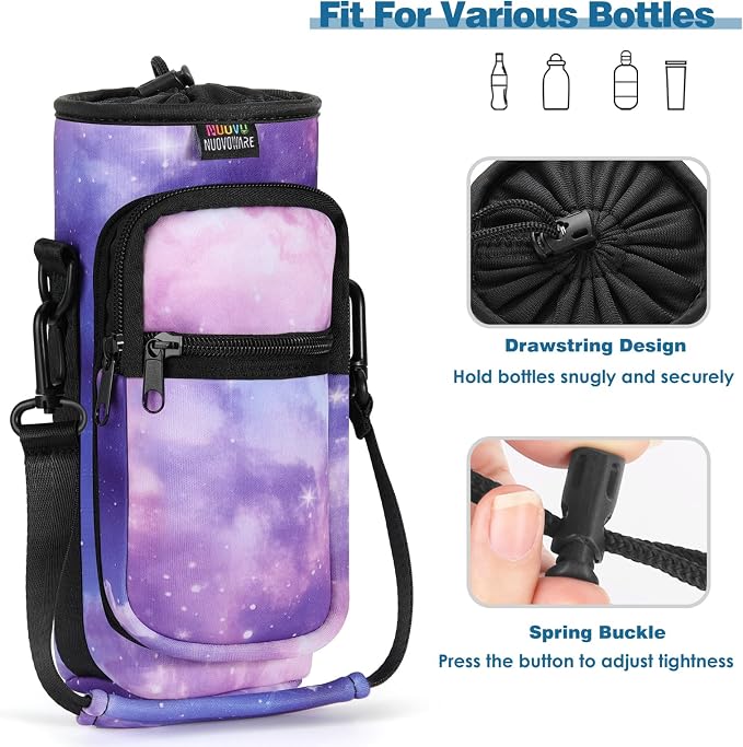 Nuovoware Water Bottle Carrier Bag, 25oz/32oz, StarrySky Purple | Adjustable Shoulder Hand Strap, 2 Pocket, Sling Neoprene Sleeve, Sports Water Bottle Accessories