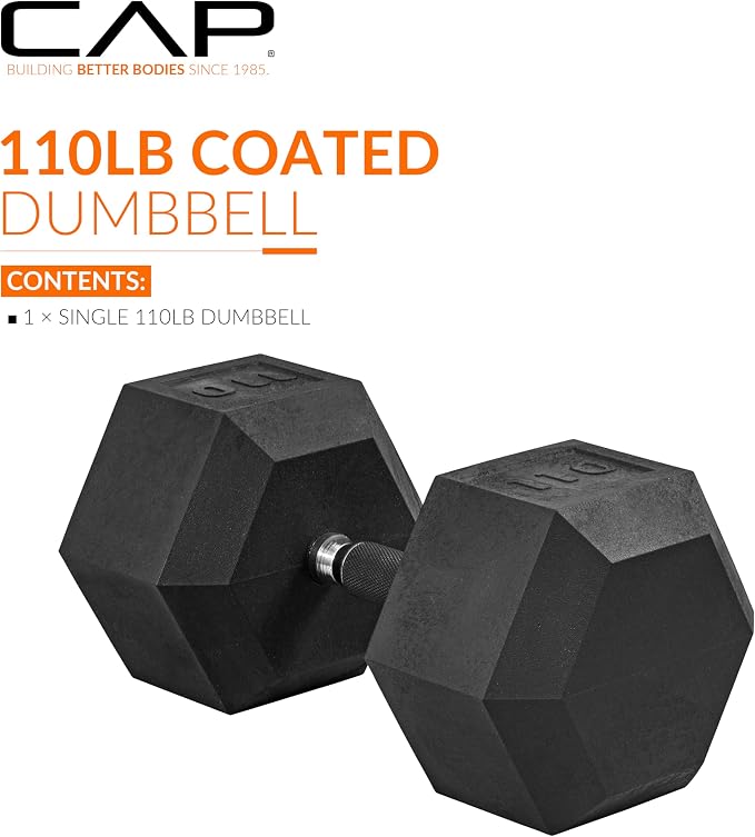 CAP Rubber Coated Dumbbell Weights, Free Weights for Home Gym Strength Training, Anti-Roll Hex Dumbbells with Black, Chrome & Comfort Grip Handles, Singles
