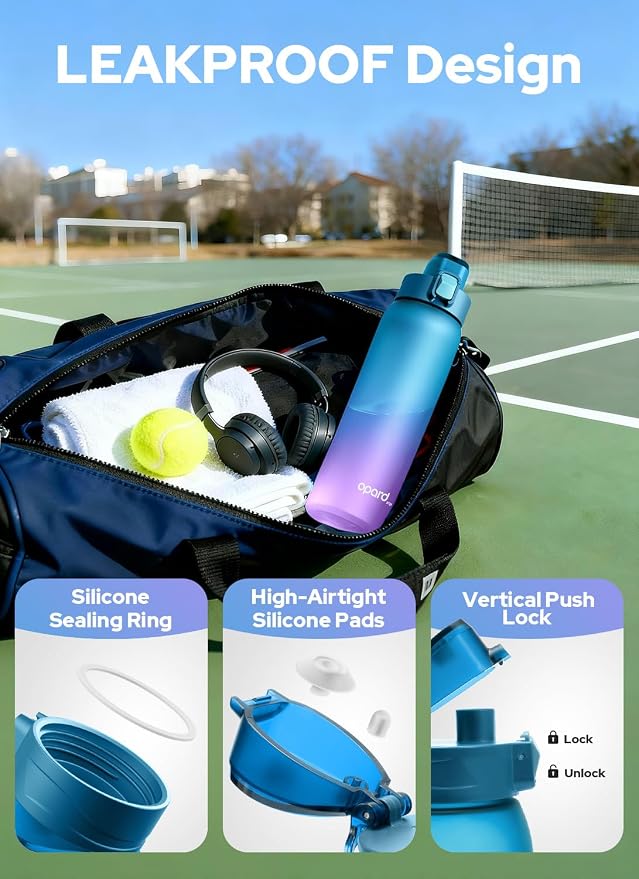 Opard Zip 32oz Plastic Water Bottle Dishwasher Safe, Leakproof Flip-Top Lid, BPA Free Tritan, Wide Mouth Reusable Sports Water Bottle for Gym Hiking Commuting Outdoor Travel and School