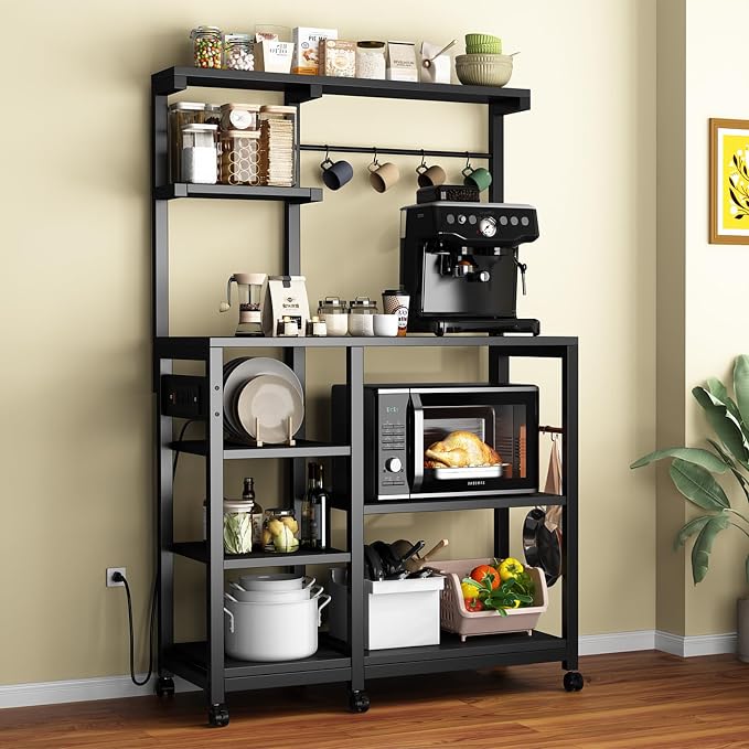 Bakers Rack with Power Outlet, 8-Tier Microwave Cart, Coffee Bar w/ 6 Hooks | 8-Tier Bakers Rack with Power Outlet, Coffee Bar Station & Microwave Cart, Metal Kitchen Storage Shelf with Wheels