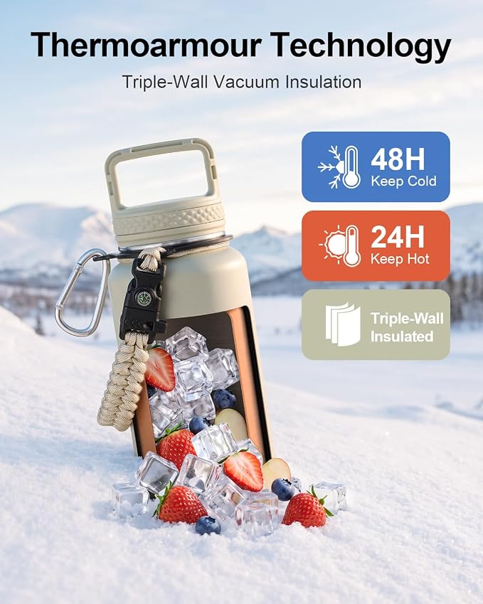Trebo Water Bottle Insulated 40 oz with 3 Lids, Paracord Handle & Sleeve | Stainless Steel Flask Vacuum, Triple Wall Copper Plated, Dishwasher Safe, Keeps Cold 48Hrs for Hiking, Gym, Wide Mouth