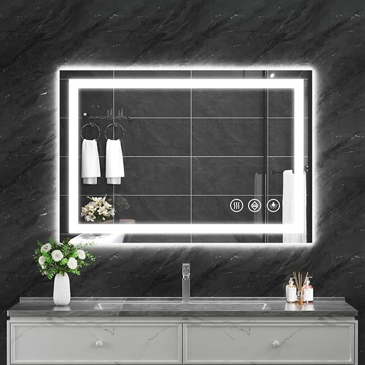 Koonmi 38x26 LED Bathroom Mirror with Light, Anti-Fog, 3 Colors | Backlit + Front Lit, Dimmable Brightness, Shatterproof HD Distortion-Free Tempered Glass, Hardware Included