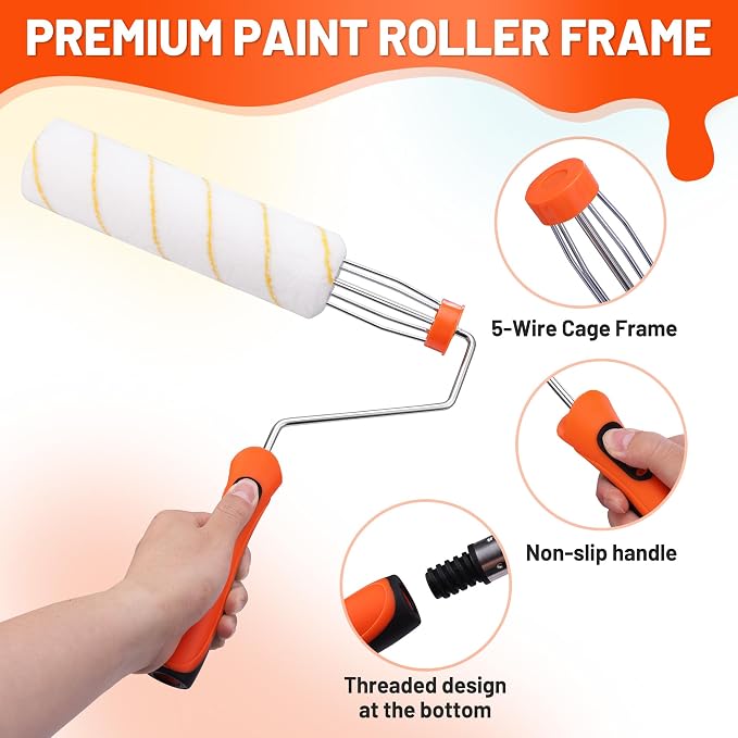 ValueMax 12PCS Paint Roller Kit with Tray, 9" & 4" Roller Frames, 6PCS Microfiber Replacement Covers 3/8" Nap, 3PCS Stainless Steel Extension Poles, for Walls, Ceilings, Floors, Furniture | 6 Microfiber Roller Covers, 3/8" Nap Thickness, Stainless Stee...