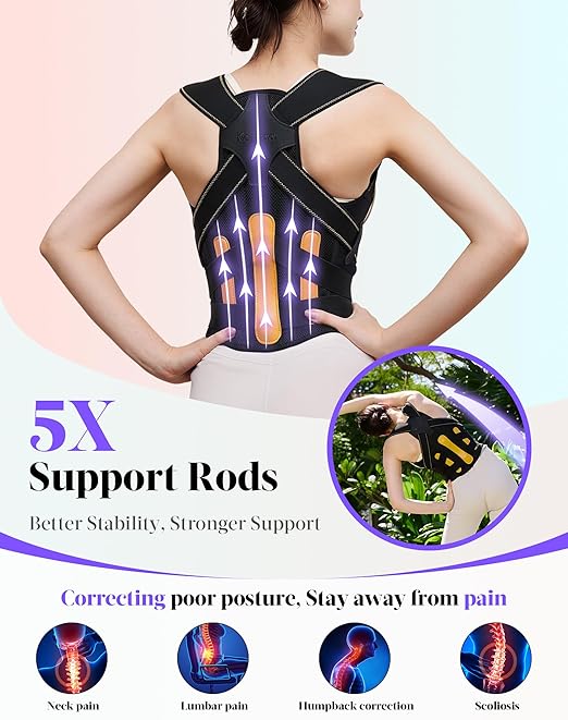 Posture Corrector for Women and Men, Full Back Support Brace, Adjustable Shoulder Straightener, Improving Posture, Relief Upper and Lower Back, Neck Pain, Black Yellow, Large