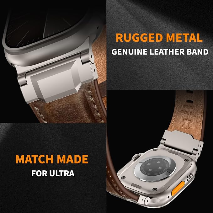 Bands Compatible with Apple Watch Ultra 3/2/1 Band 49/46/45/44mm | Genuine Leather Metal Connector Strap for iWatch Ultra Series 11/10/9/8/7/SE/6/5/4/3/2/1, Dark Brown/Titanium