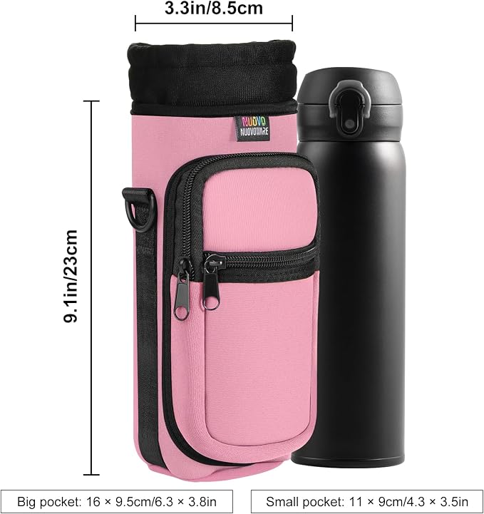 Nuovoware Water Bottle Carrier Bag, 25oz/32oz, Pink | Adjustable Shoulder Hand Strap, 2 Pocket, Neoprene Sleeve, For Hiking Travelling Camping