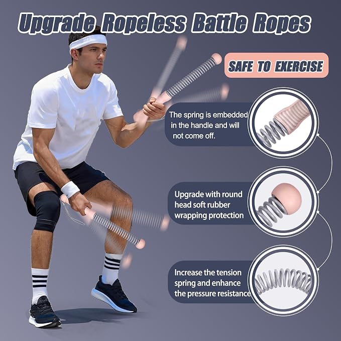 2nd Gen Ropeless Battle Ropes for Home Gym, Heavy Duty Portable Cordless Battle Ropes with Integrated Spring (No Screws), Weighted Exercise Rope for Men & Women, HIIT Workout Equipment