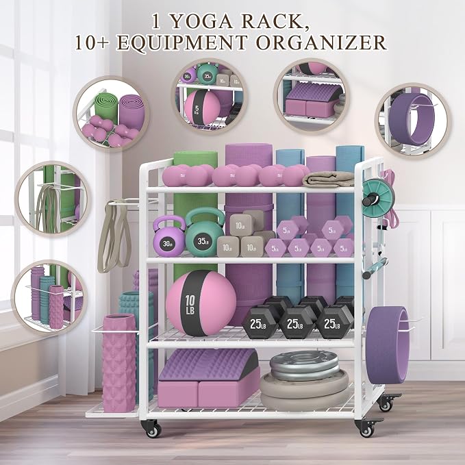 4-Tier Weight Rack for Home Gym with Wheels and Hooks | Adjustable Gym Storage Rack for Dumbbells Kettlebells Yoga Mat, All-in-One, Space Saving, Heavy Duty Steel, Easy to Assemble