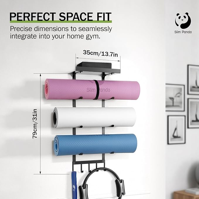 Yoga Mat Holder Wall Mount with Mesh Bag | 4-Tier Metal Storage Rack, Floating Shelf & 5 Hooks, Large Home Gym Organizer
