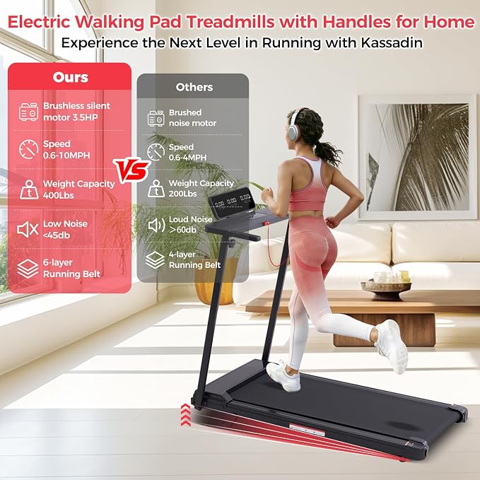 KASSADIN Portable Treadmills for Home Small, Walking Pad with Handle Bar, 3.5HP Electric Mini Treadmills for Home Exercising, Walking Pad Treadmill with Handle Bar and Incline, 0.6-10MPH, 400LBS