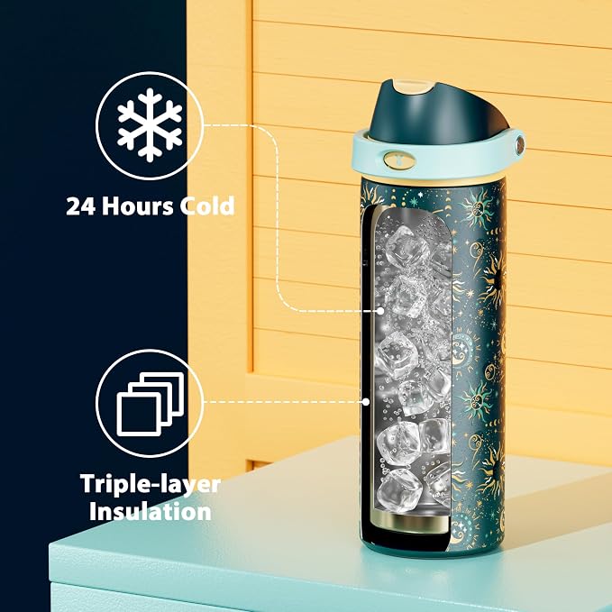 24 oz Insulated Water Bottle with Straw: Meoky Stainless Steel Metal Water Bottle with 2-in-1 Lid - Leak Proof, Cold for 24 Hours, Protective Silicone Base, BPA-Free for Sports Travel Car, Tarot