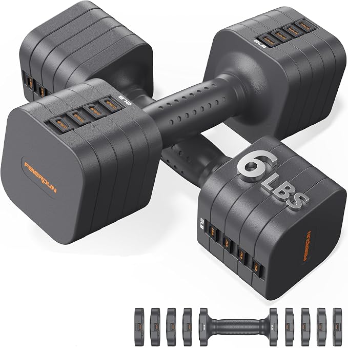 FEIERDUN DB3 5-in-1 Adjustable Dumbbell Set, 6LB/10LB Pair Adjustable Weights for Women at Home, Dual Locking Stable Hand Weights with TPU Soft Handle, Home Gym, Rehab, Pilates, Yoga, Strength Training