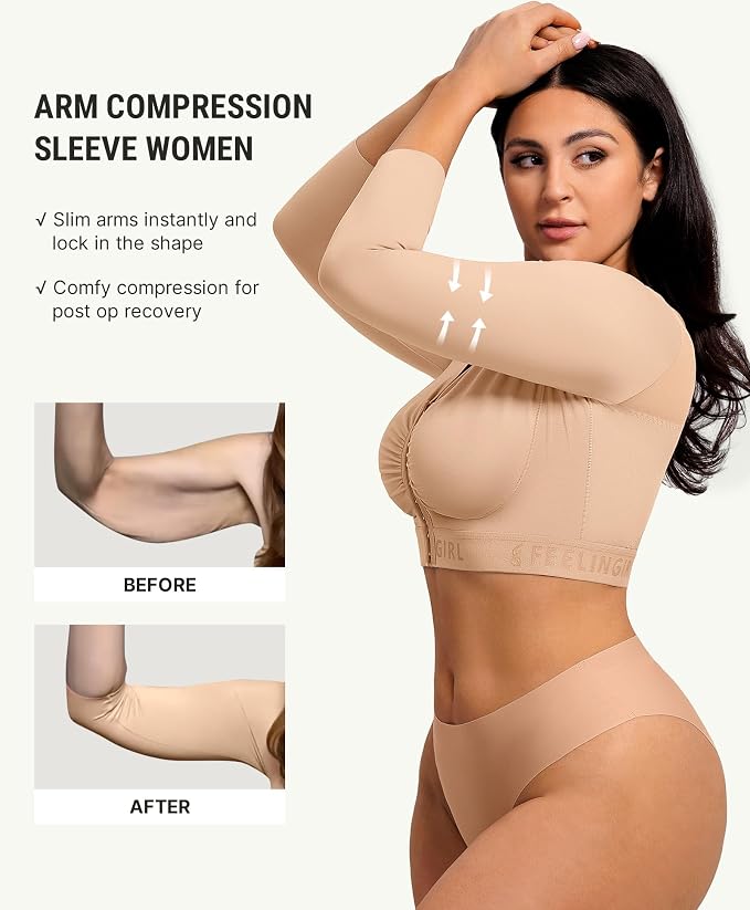 FeelinGirl Arm Compression Sleeve Women Post Arm Lipo Shaper | Front Closure, Compression Bra with Sleeves, Breast Lift, Back Smooth, Post Augmentation Lymphedema Recovery
