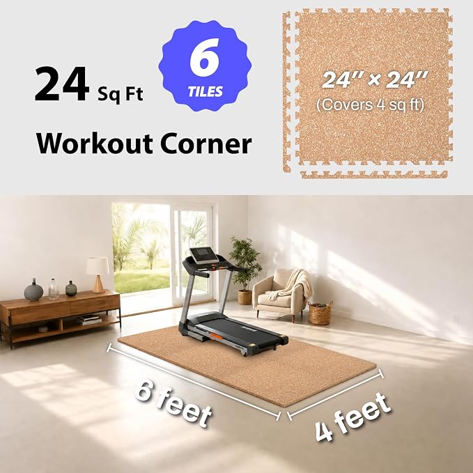 AIRHOP 1'' Ultra-Thick 24 Sq Ft Rubber Top Gym Flooring for Home Gym | 6 Tiles, High Density EVA Foam, Waterproof & Non-Slip Rubber, Interlocking Puzzle Mats, Heavy Duty Floor Protection, 24"x24"