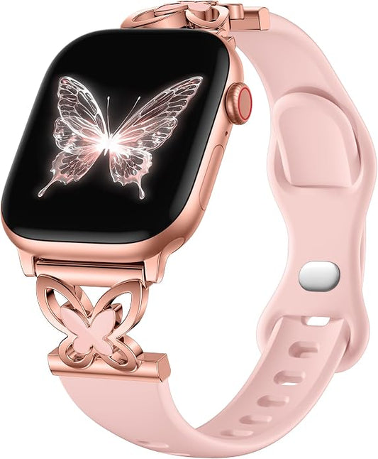 Lerobo Slim Silicone Band Compatible with Apple Watch Bands for Women | Dressy Metal Butterfly 16mm Thin Strap for iWatch Series 11 10 9 8 7 6 5 4 SE Ultra 38mm 40mm 41mm 42mm 44mm 45mm 46mm 49mm