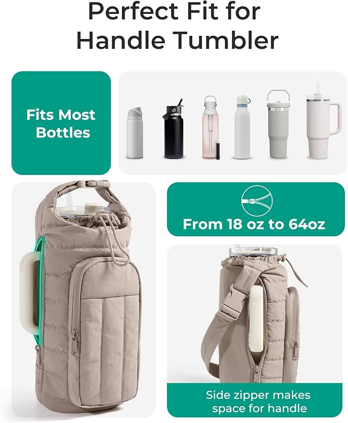 BAGSMART 40oz Water Bottle Holder with Strap, Quilted Gym Accessories | Magnetic or Classic Design, Lightweiht Tumbler Drink Carrier, Quilted Crossbody Purse