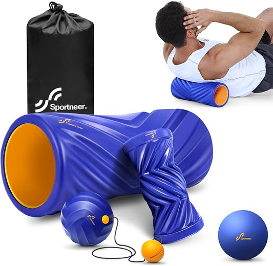 Sportneer 4 in 1 Pilates Foam Roller Muscle Relax Kit | with 2 Textured Foam Rollers Stringed Exercise Ball, Lacrosse Ball for Muscle Shoulder Back Leg Whole Body Relax Fitness Yoga