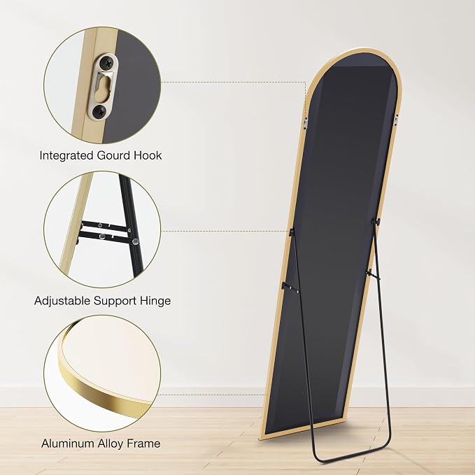 OLIXIS 56"x15.5" Arched Full Length Gold Mirror for Bedroom | Full Body Mirror with Stand, Hanging or Leaning for Wall, Aluminum Alloy Thin Frame Floor Standing for Living Room, Long