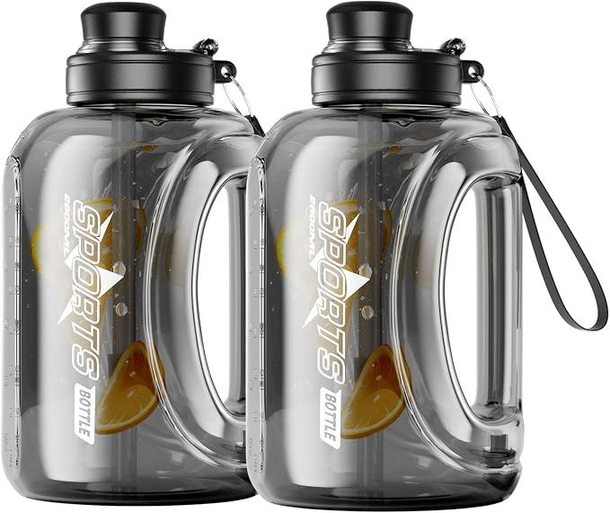 Doseno Big Water Bottle, 95 oz / 2.8 L Water Jug with Straw, 2 Pack, Black | Each plastic bottle has a measuring scale, leakproof lid, carry handle and shoulder strap for gym use and outdoor sports