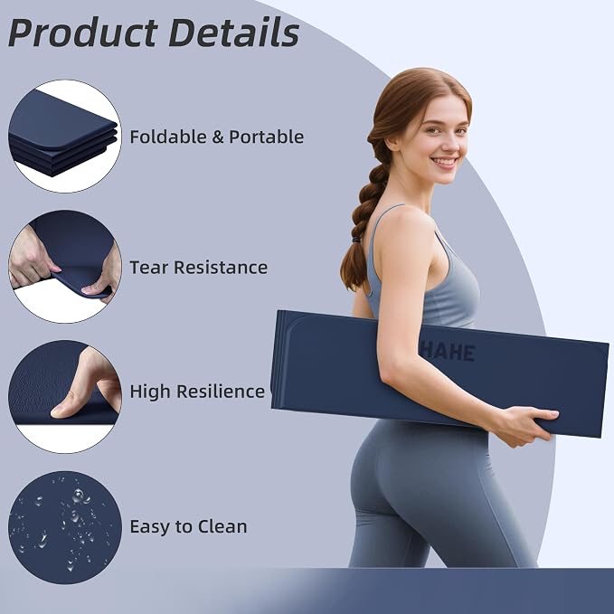 HAHE Foldable Yoga Mat 74"Lx32"Wx1/3"Thick, Folding Exercise Mats | Non-slip Wide Pilates Mats for Home Workout/Travel, Portable Yoga Mat Thick for Yoga/Pilates/Camping/Floor Exercises
