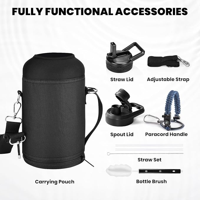 RAYMYLO Insulated Water Bottle 64 oz, Triple Wall Vacuum Stainless Steel | (Cold for 48 Hrs), Leak Proof & Non-BPA, Half Gallon Water Flask Jug with Paracord Handle & Straw Spout Lids, Navy Blue
