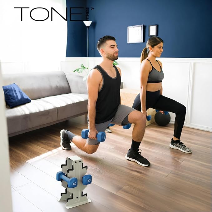 Tone Fitness Neoprene Dumbbell Set with Storage Rack – Non-Slip, Anti-Roll Hand Weights for Home Gym Workouts | 20 lb, 32 lb, 50 lb, 60 lb & 100 lb Options