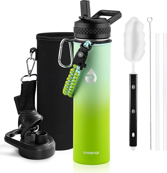 RAYMYLO Insulated Water Bottle 24 oz, Triple Wall Vacuum Stainless Steel | (Cold for 24Hrs, Hot for 12Hrs), Leak Proof & Non-BPA, Modern Water Flask Jug with Paracord Handle & Straw Spout Lids