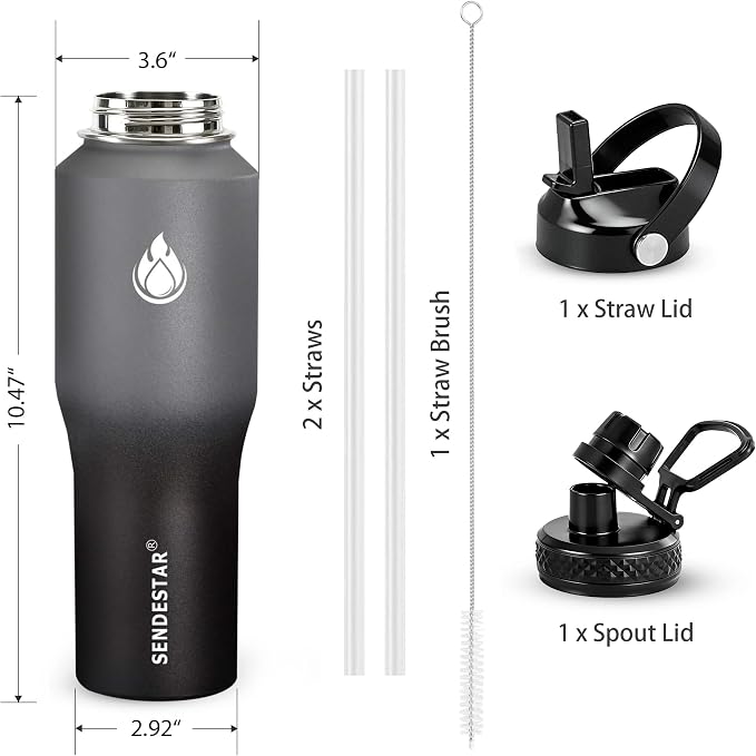 SENDESTAR Water Bottle 32oz,2 Lids(Straw lid),Wide Mouth Stainless Steel Vacuum Insulated Double Wall Keep Liquids Cold or Hot All Day,Sweat Proof Sport Design,Fit Car Cup Holder(Gray&Black)
