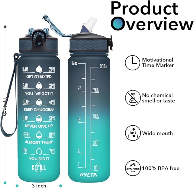Hyeta Water Bottle with Straw & Time Marker, Plastic 32oz Leakproof | Motivational Tritan BPA Free Gym Office Outdoor Intake Tracker Hourly Reminder Straw Lid Carry Strap