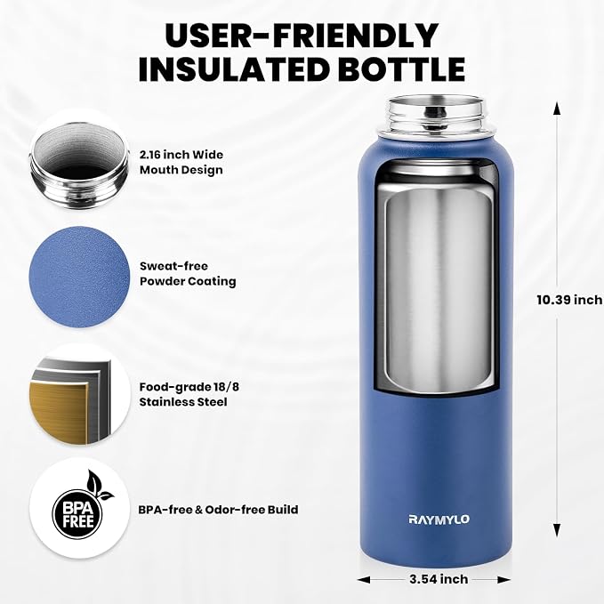 RAYMYLO Insulated Water Bottle 40 oz, Triple Wall Vacuum Stainless Steel | (Cold for 36Hrs, Hot for 18Hrs), Leak Proof & Non-BPA, Modern Water Flask Jug with Paracord Handle & Straw Spout Lids