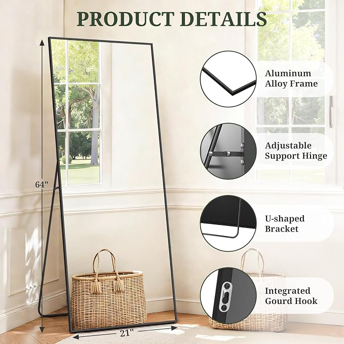 Mirror Full Length 64"x21", Rectangle Full Body Floor Mirrors with Stand | Shatterproof Glass, Aluminum Alloy Frame, Free Standing, Wall Mounted or Leaning for Bedroom Living Room Entryway